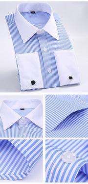 Men&#39;s Classic French Cuffs Striped Dress Shirt Single Patch Pocket Standard-fit Long Sleeve Wedding Shirts (Cufflink Included)