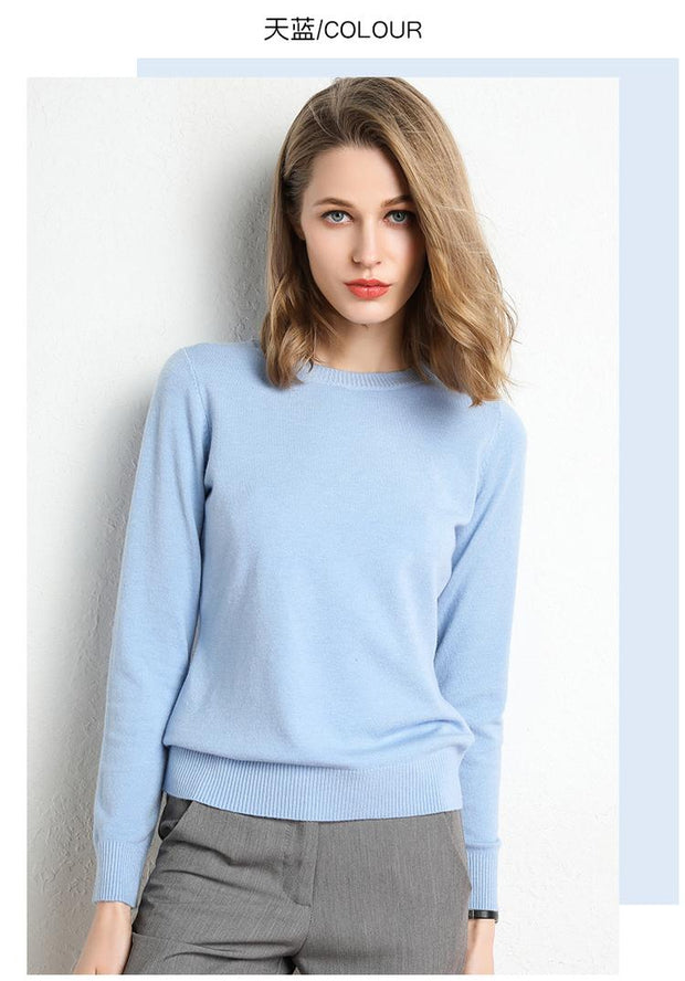 2020 Female  Slim O-Neck Pullover Cashmere Wool Blending Sweater Autumn And Winter Long-Sleeved Knit Bottoming Shirt Large Size