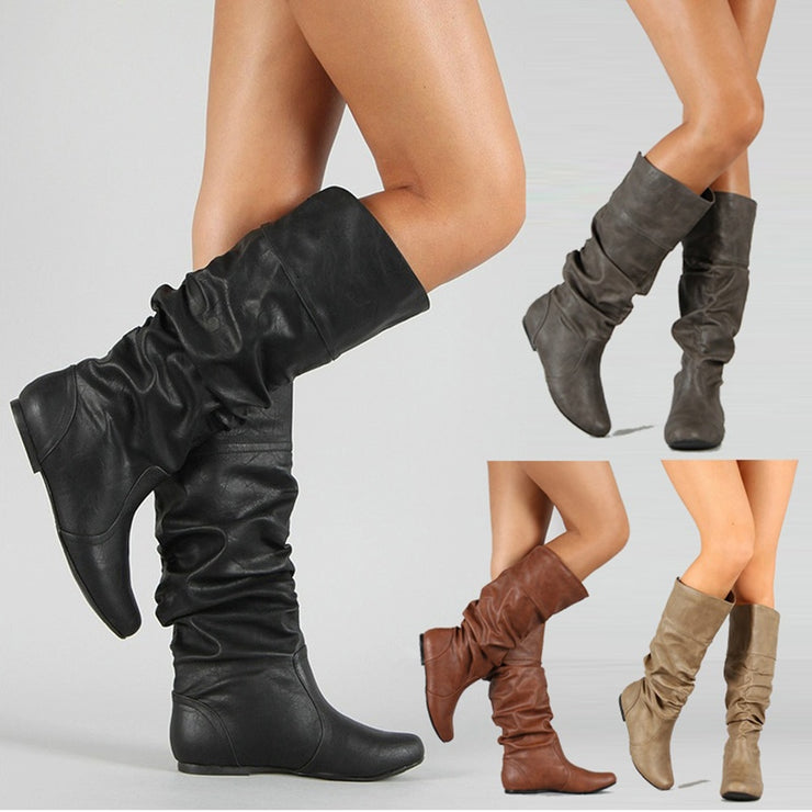 Women Leather Mid Calf Boots Casual Slip on Autumn Winter Long Boots Flats Fashion Pleated Round Toe Black Elegant Botas Female