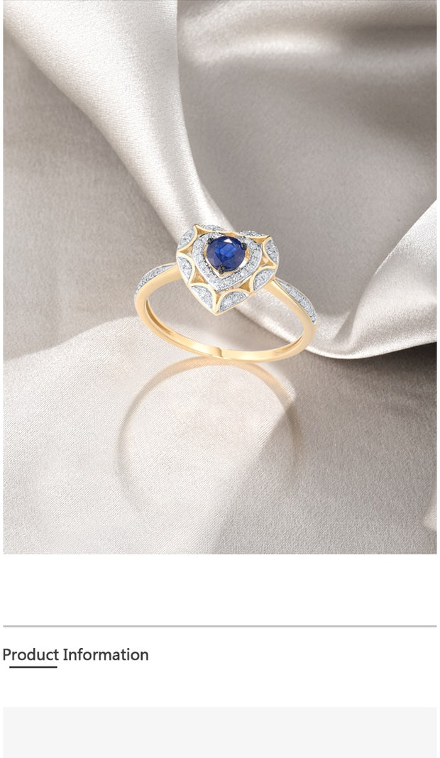 VISTOSO Genuine 14K 585 Yellow Gold Ring For Women Shiny Diamond Blue Sapphire Heart Ring Engagement Wedding Gift Fine Jewelry