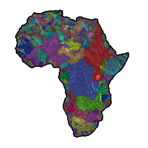 River basins of Africa in rainbow colours on a transparent background