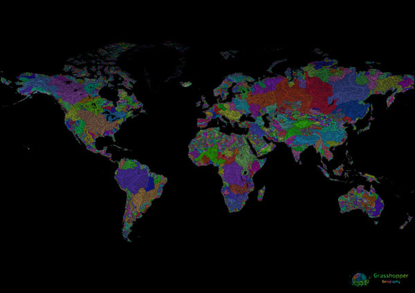 Mapa de cuencas fluviales del mundo en los colores del arco iris de Grasshopper Geography.