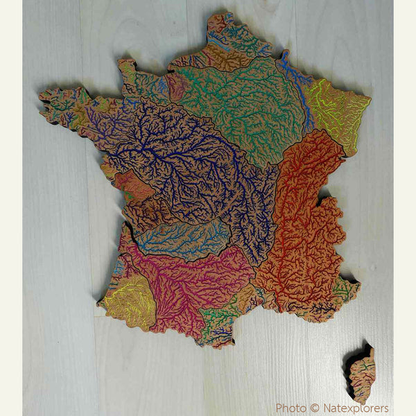 The handmade wooden puzzle made out of Grasshopper Geography's colourful river basin map of France.