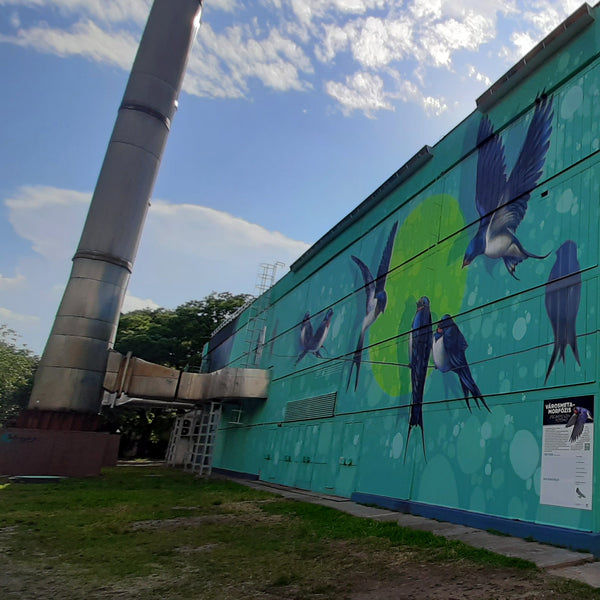 Une photo montrant une fresque murale représentant des hirondelles et des martres domestiques sur le côté d'un bâtiment industriel.