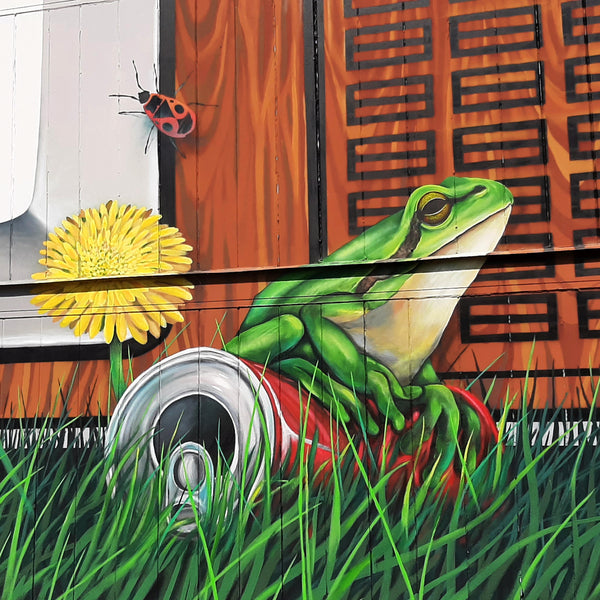 Closeup of a mural: a frog sitting on a soda can that is lying in the grass, in front of an old TV.