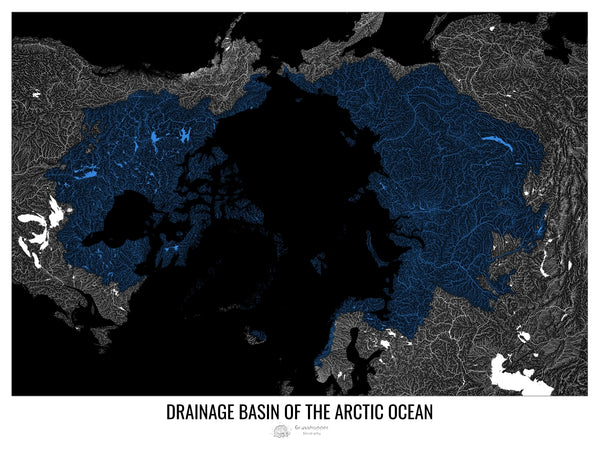 Drainage basin map of the Arctic Ocean, blue coloured lines showing all rivers and temporary water flows that end up there.