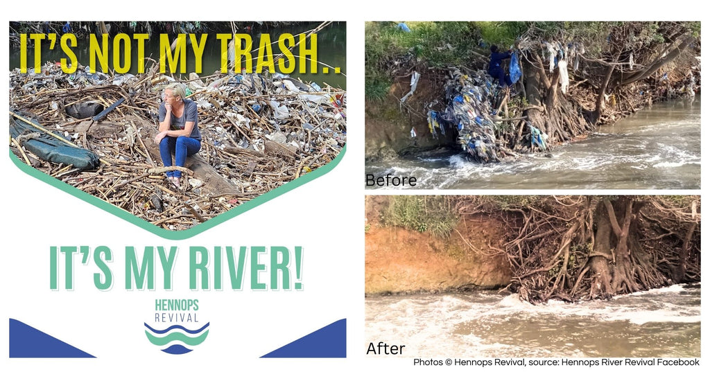 No es mi basura: es el póster de mi río de Hennops Revival con Tarryn sentado sobre un montón de basura en medio del río. Dos imágenes adicionales muestran una sección del río antes y después.