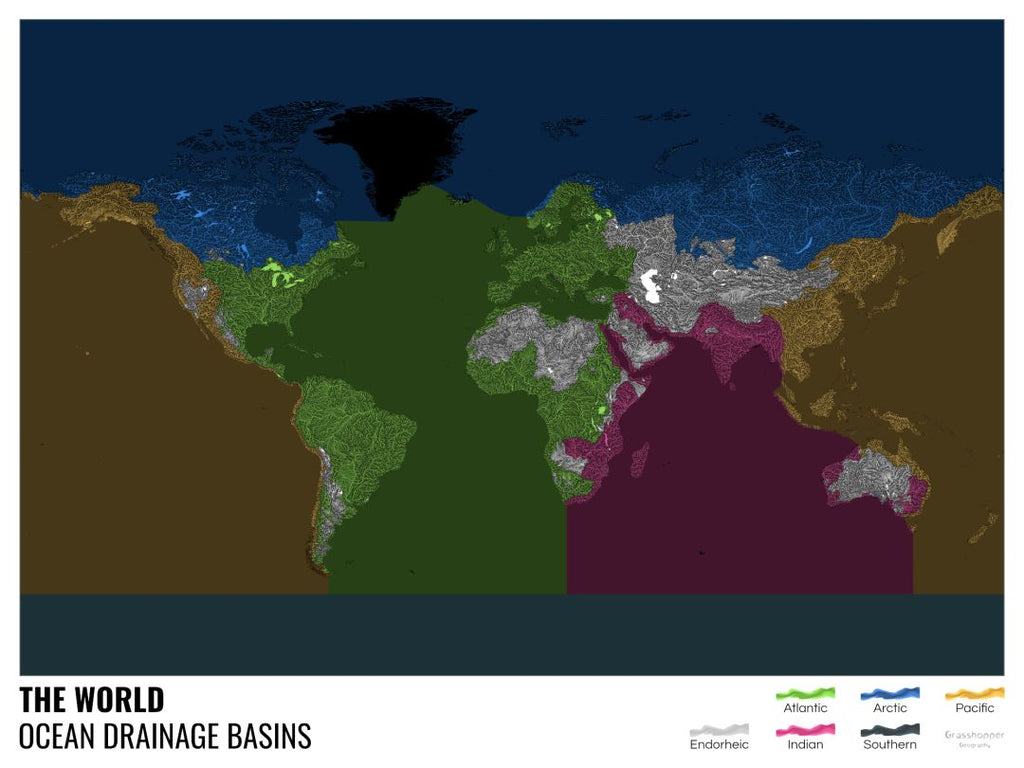 Carte mondiale des bassins hydrographiques océaniques réalisée par Grasshopper Geography, montrant tous les débits d'eau temporaires et permanents dans le monde, codés par couleur en fonction de l'océan dans lequel ils aboutissent.