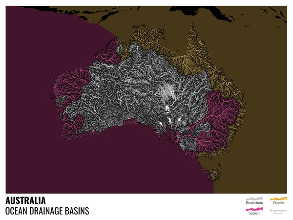 Carte des bassins versants océaniques de l'Australie réalisée par Grasshopper Geography, montrant tous les débits d'eau temporaires et permanents en Australie, codés par couleur en fonction de l'océan dans lequel ils aboutissent.