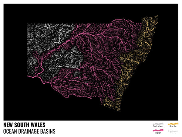 Ocean drainage basin map of New South Wales by Grasshopper Geography, showing all temporary and permanent water flows in New South Wales, colour-coded according to the ocean they end up in.