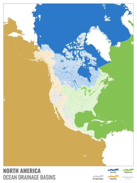 Ocean drainage basin map of North America by Grasshopper Geography, showing all temporary and permanent water flows in North America, colour-coded according to the ocean they end up in.