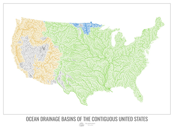 Mapa de la cuenca de drenaje oceánico de los Estados Unidos realizado por Grasshopper Geography, que muestra todos los flujos de agua temporales y permanentes en los Estados Unidos contiguos, codificados por colores según el océano en el que terminan.