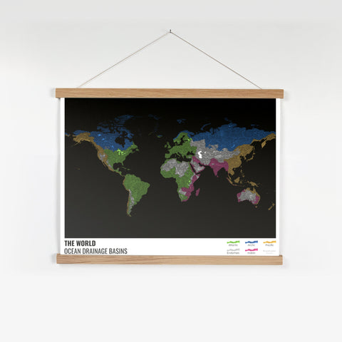 Ocean drainage basin map of the world by Grasshopper Geography, showing all temporary and permanent water flows in the world, colour-coded according to the ocean they end up in. Mockup of a fine art print with hanger.