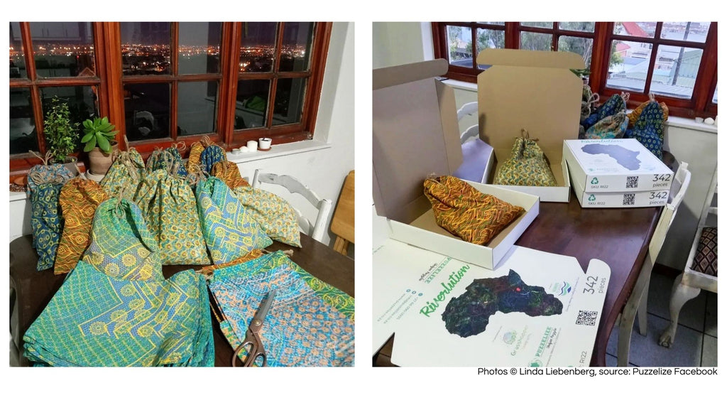 Se están fabricando bolsas textiles y se están ensamblando rompecabezas de Riverlution para su entrega en casa de Linda.