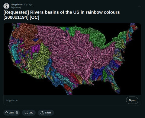 Una captura de pantalla de la publicación de Reddit que Robert hizo por primera vez sobre el mapa de la cuenca fluvial de los Estados Unidos contiguos.