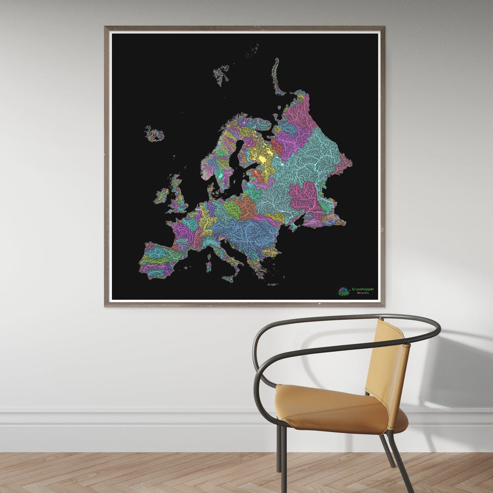 Europe - River basin map, rainbow on black - Fine Art Print – Grasshopper  Geography