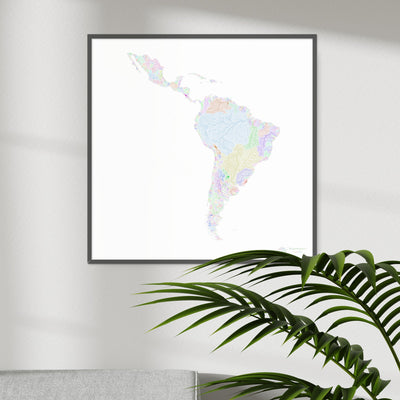 River basin map of Latin America, rainbow colours on white Fine Art Print