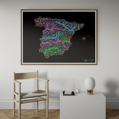 River basin map of Spain, pastel colours on black - Fine Art Print
