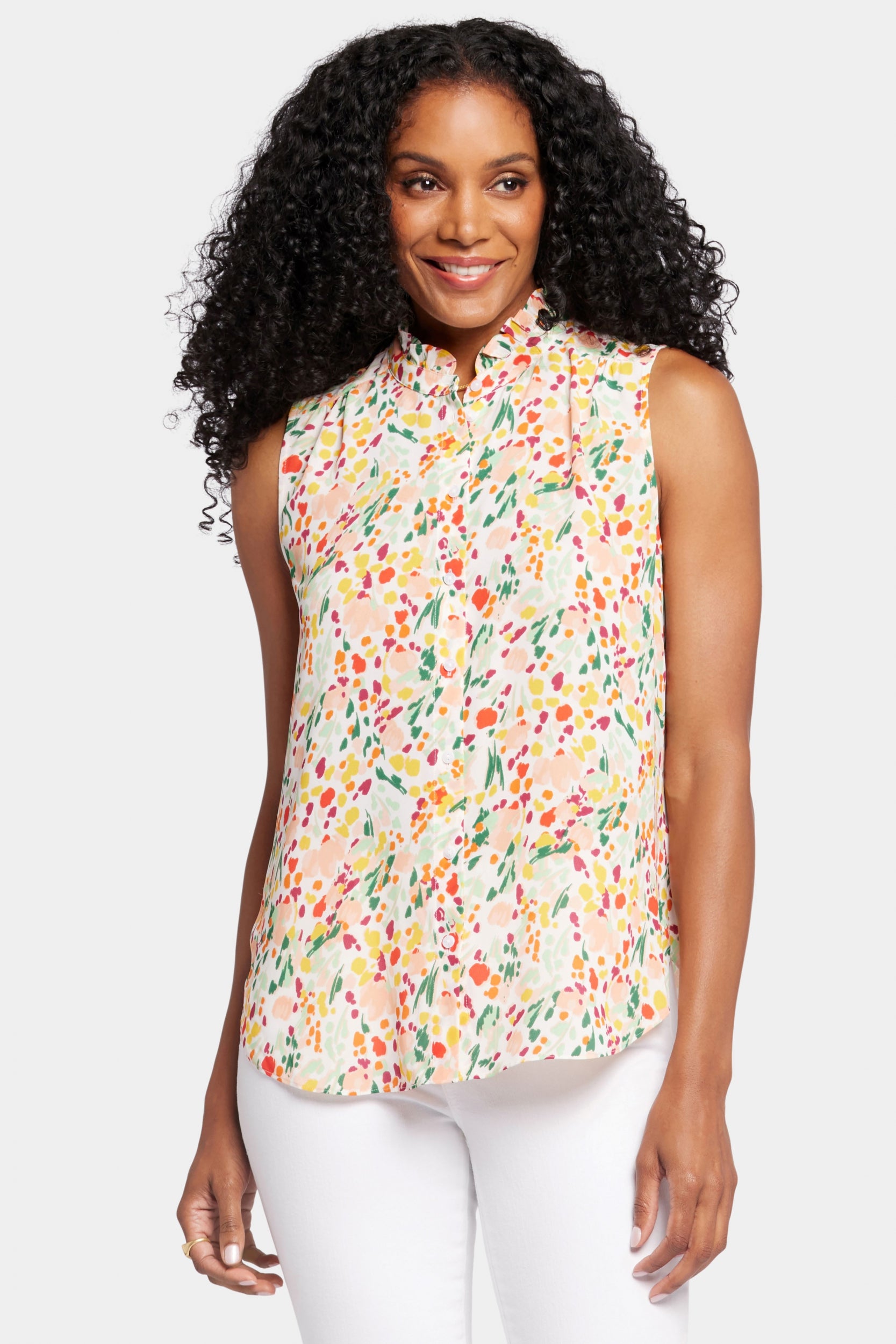 Mouwloze Ruches Kraag Blouse Abstracte Bloemenprint | Veronica Springs afbeelding