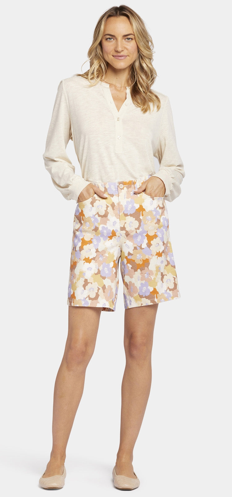 5 pocket bermuda short lin extensible imprimé floral | sunset grove