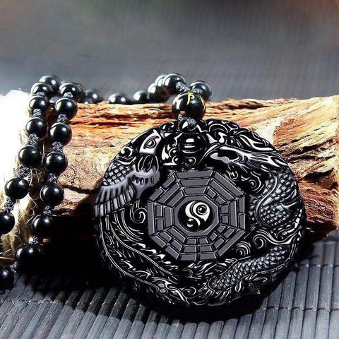 Collier dragon phénix en obsidienne noire