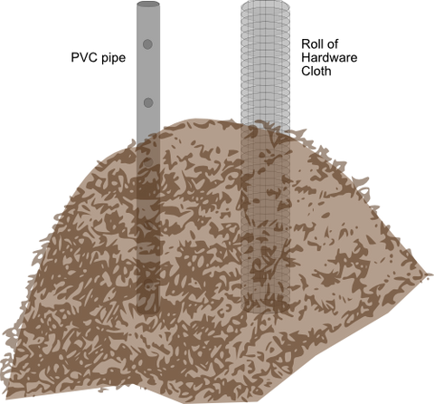 To aerate the composting pile, use drilled PVC pipe and hardware cloth. Stick it to your composting pile, letting more air in