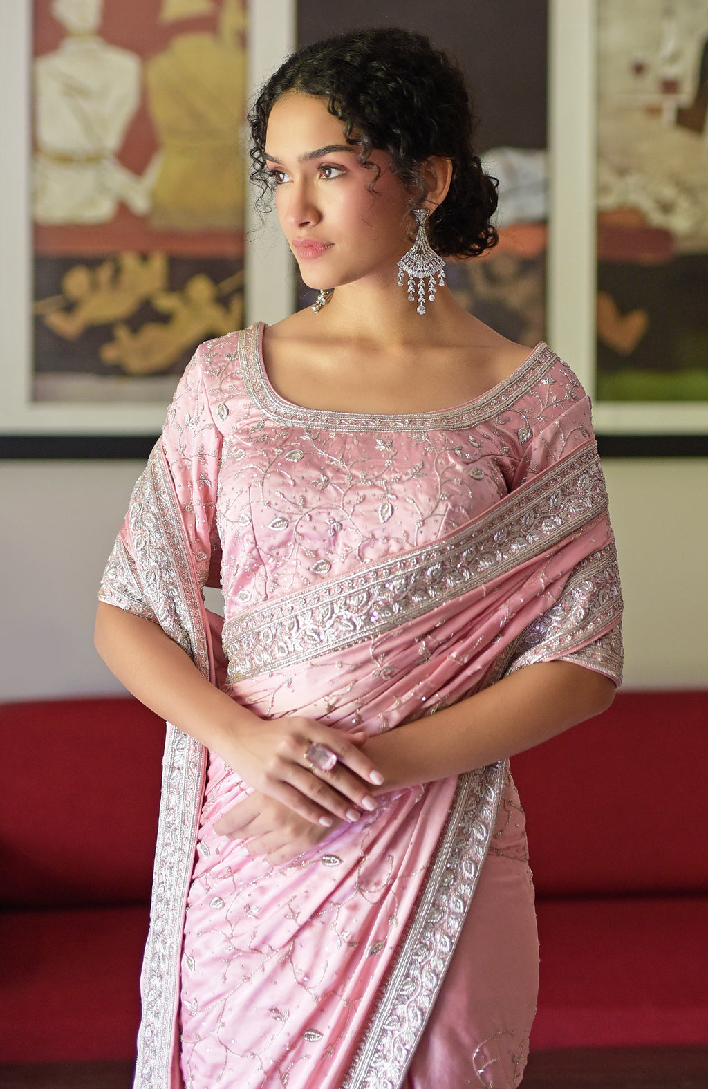 Buy Pink Saree Silk Organza Hand Embroidered Zardosi Leaf Blouse