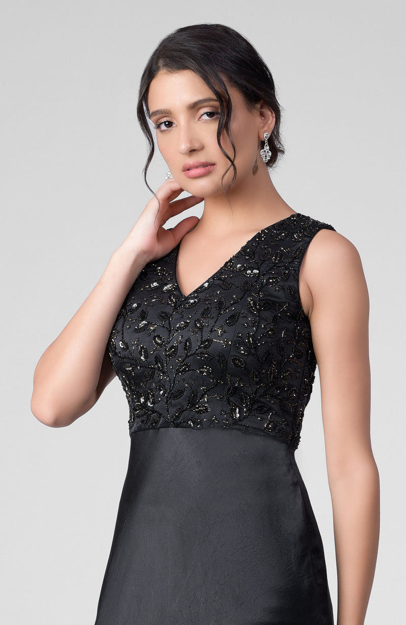 Black Bead & Sequin Hand Embroidered Silk Satin Gown