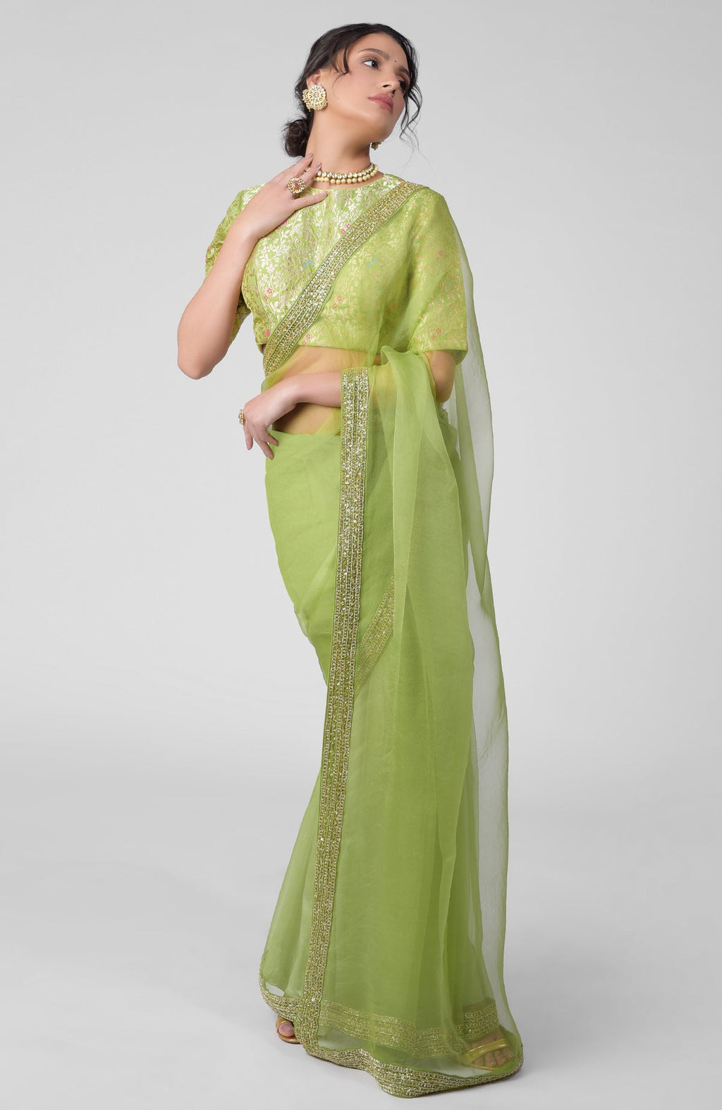 Pastel green color designer dola silk saree with contrast blouse – TYAAR  INDIA