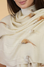 Ivory Hand Embroidered Beads & Feather Pure Cashmere Stole