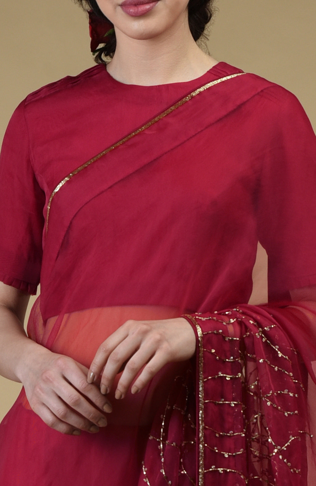 Blood Red- Gold Zardozi Hand Embroidered Pure Silk Saree – Talking