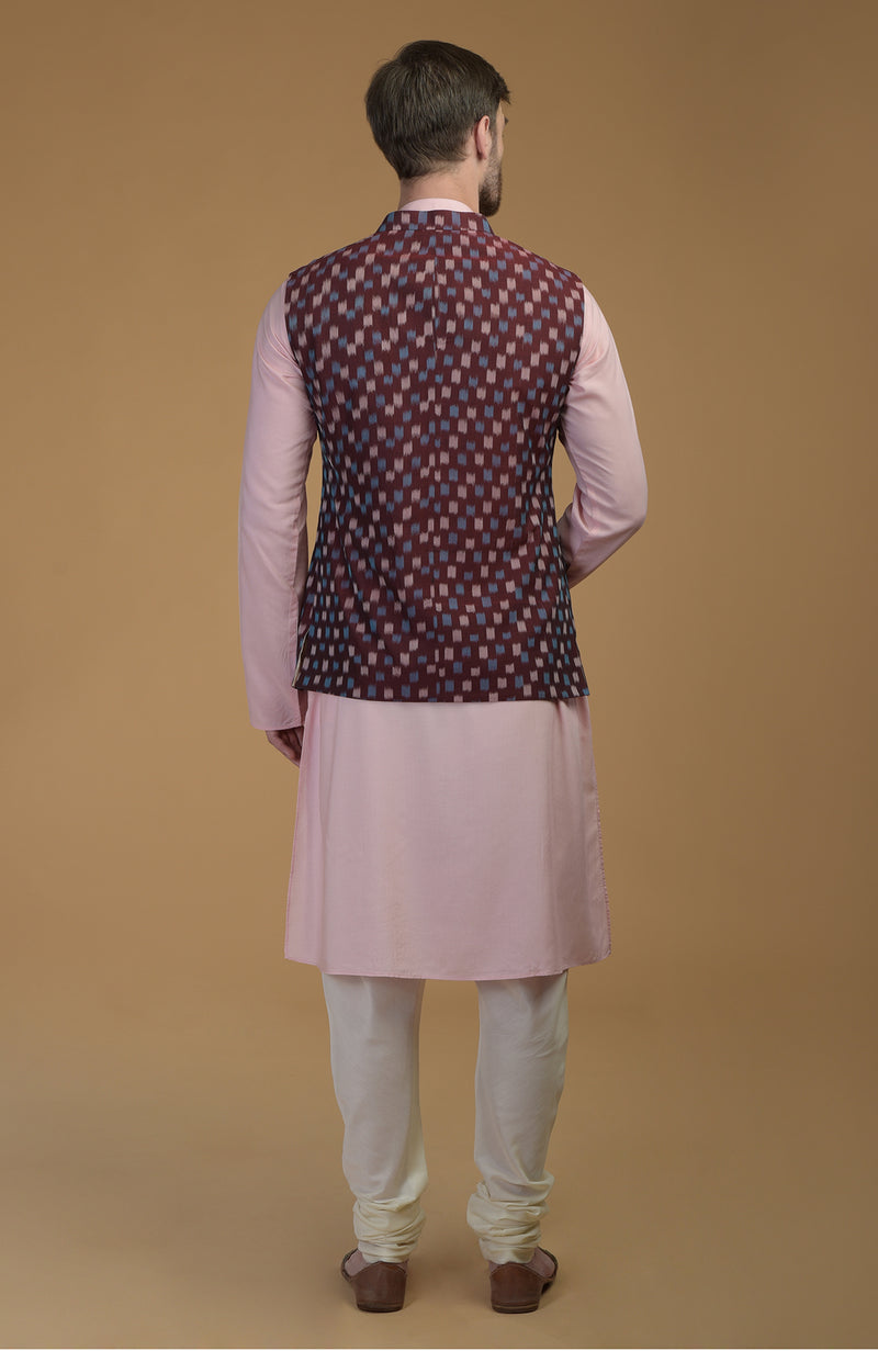 Pale Pink- Burgundy Pintuck Kurta and Ikat Waistcoat Set