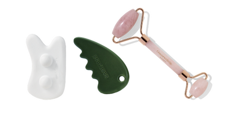 Piedra Bouti Gua Sha de Boutijour, Greentox Gua Sha de Boutijour y Rose Quartz Facial Roller Roller de Omorovicza