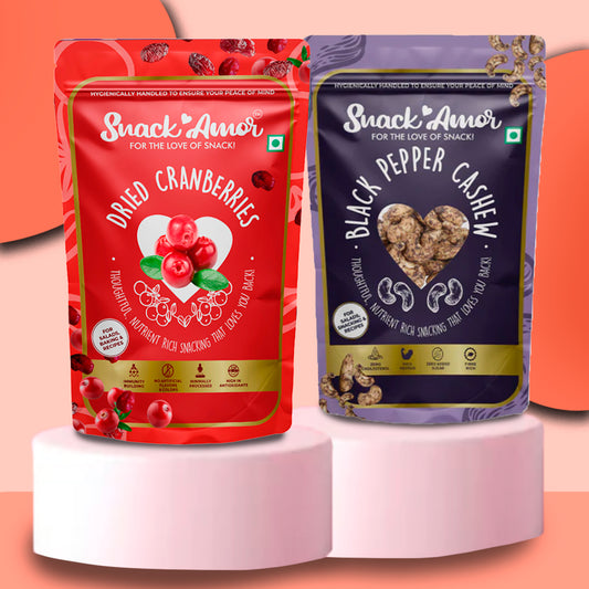 SnackAmor Combo Pack of Premium Dried Cranberry 175g & Black Pepper Cashew 170g - Snack Amor