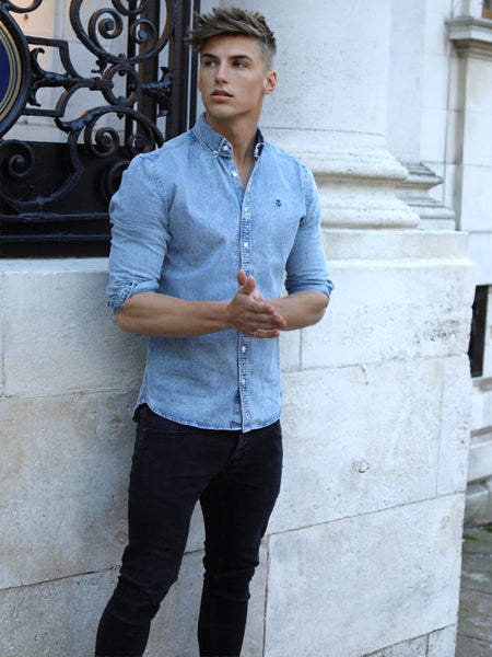 light blue shirt and jeans