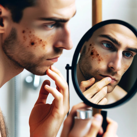 A person examining their skin in the mirror.