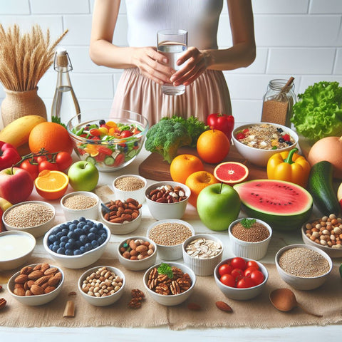 A table with dietary products and a woman next to it