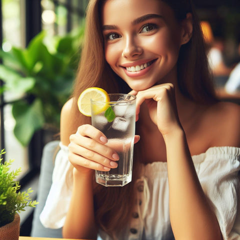 A young woman with a glass of water