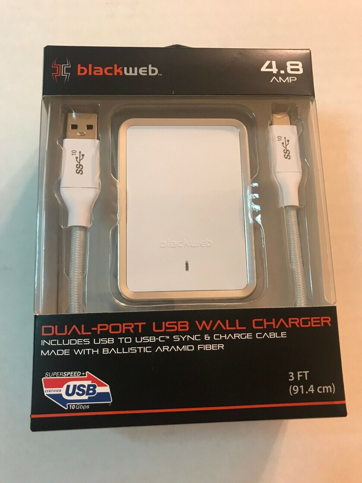 BlackWeb Dual-Port USB Wall Charger  Amp 3' USB to USB-C Sync & Cha