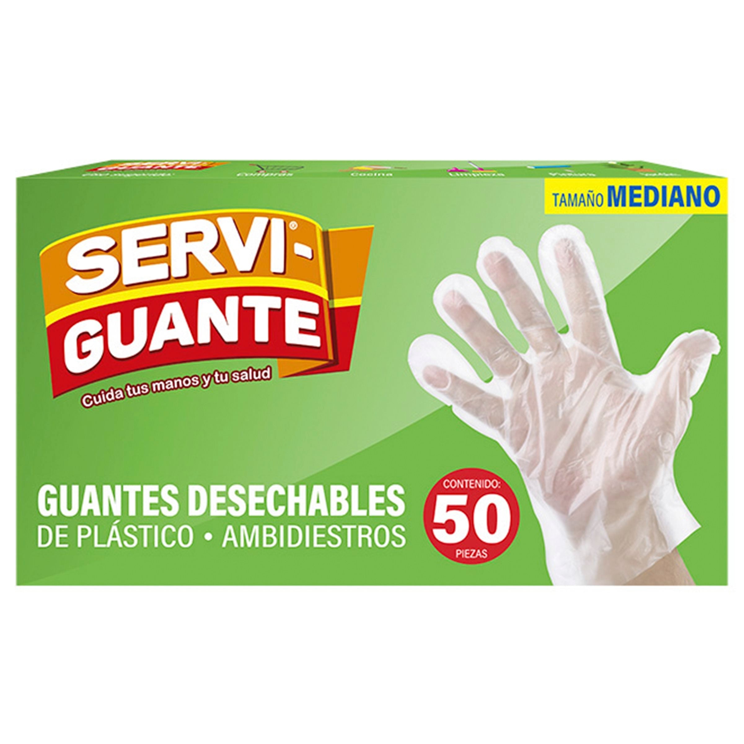 GUANTE DESECHABLES DE PLÁSTICO SERVIBOLSA AMBIDIESTROS MEDIANO 50 PZA.