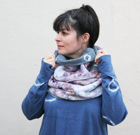 woman wearing hand dyed quilted neck cowl