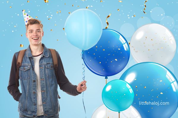 Teen Birthday Boy holding blue balloons
