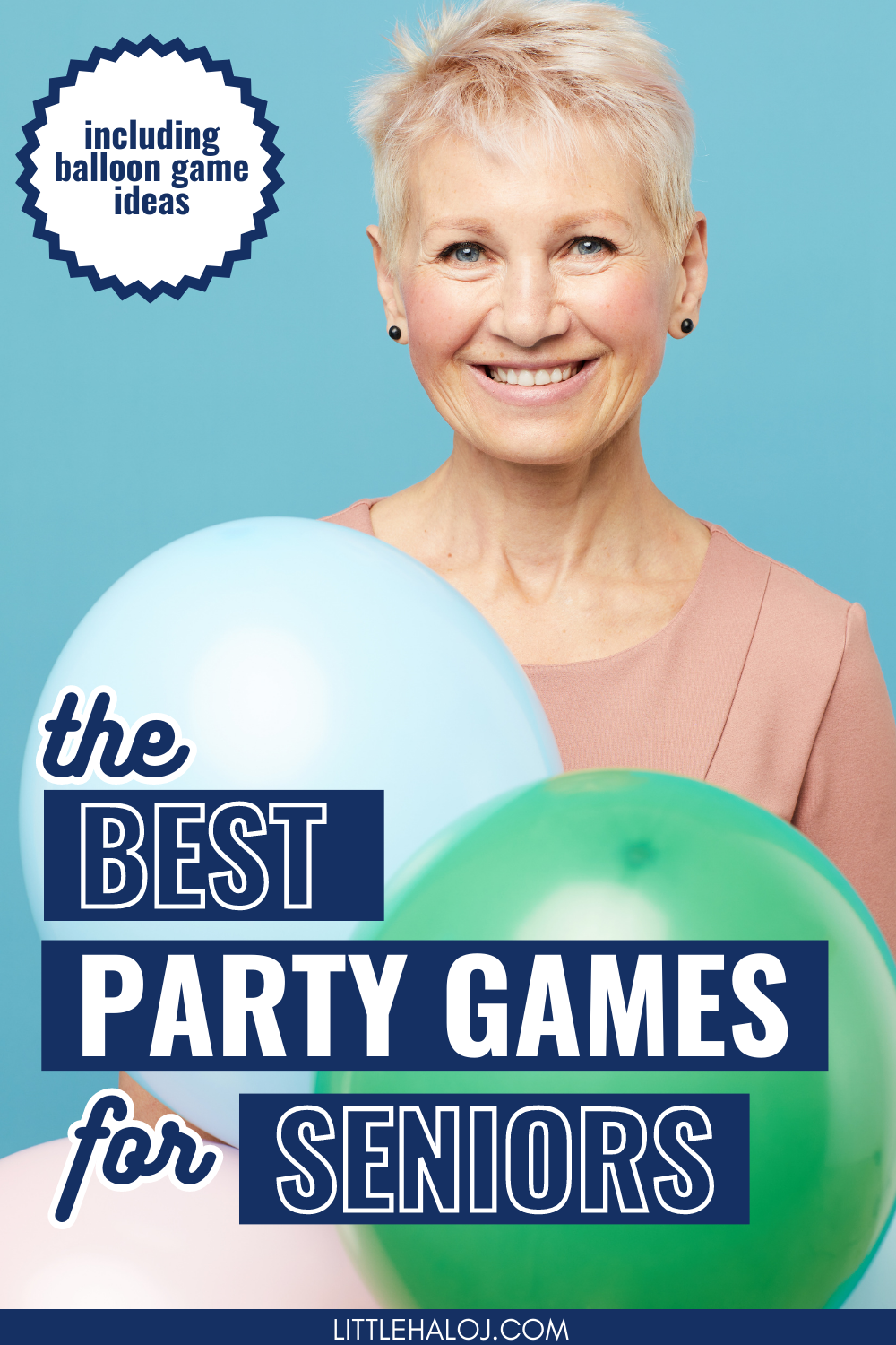 senior citizen lady holding balloons for a Senior Citizens Party Games