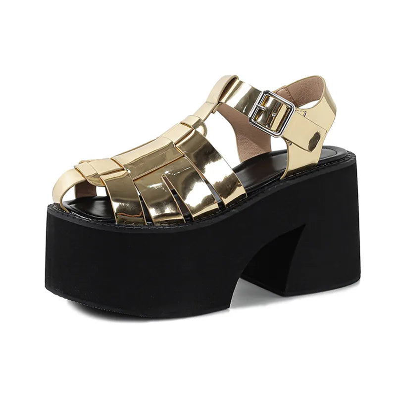 Neutral Glossy Strappy Closed Toe Platform Heels