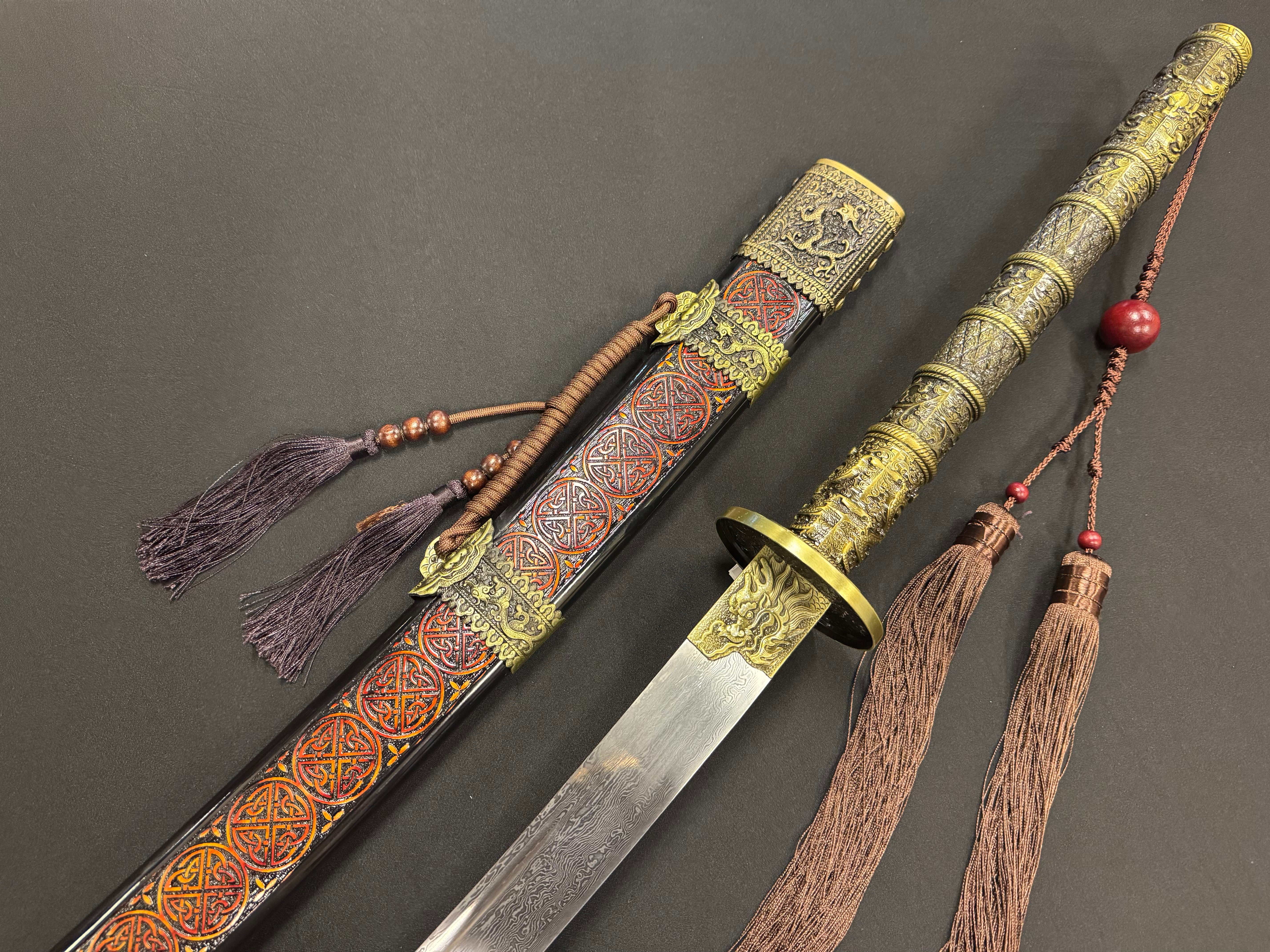 Long Kangxi Dao - Red Pattern Dragon Theme Damascus