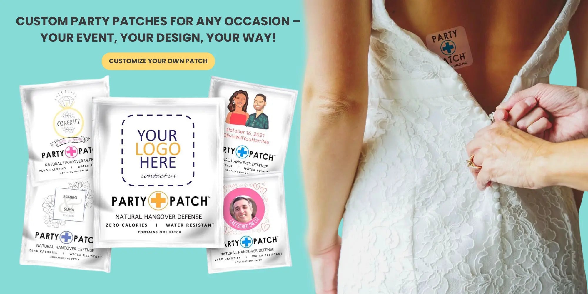 Customizable party patches shown with person in wedding dress.
