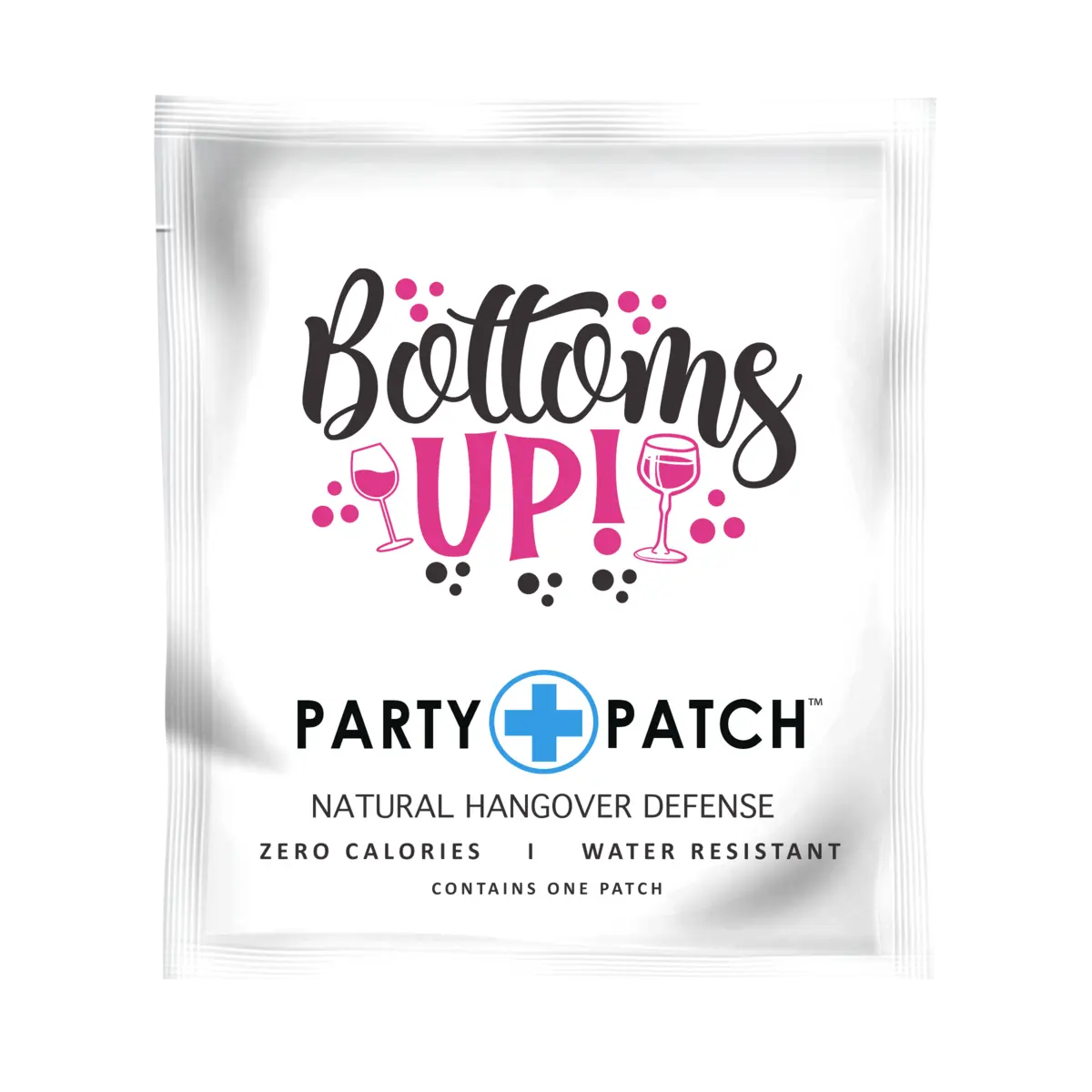 Packaging of Party Patch with 'Bottoms Up!' slogan and hangover defense details.