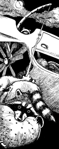 Two racoons being lowered from a flying ship in a colander atached to a piece of rope that's about to unravel as the third one watches over them from the deck above.