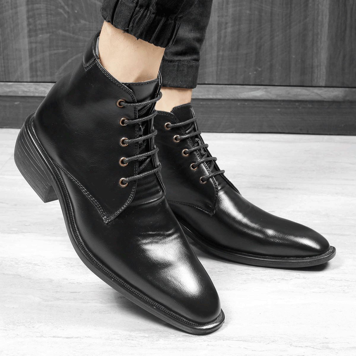 High Ankle Height Increasing Black Casual And Outdoor Boots With Lace ...
