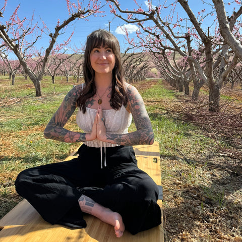 Yoga Mudras for Meditation Natalia with Anjali Mudra in Orchard
